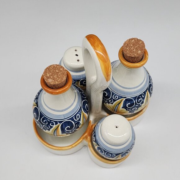 Radda Italian Ceramic Condiment Set With Oil Vinegar Salt Pepper & Caddy Signed - Picture 10 of 10